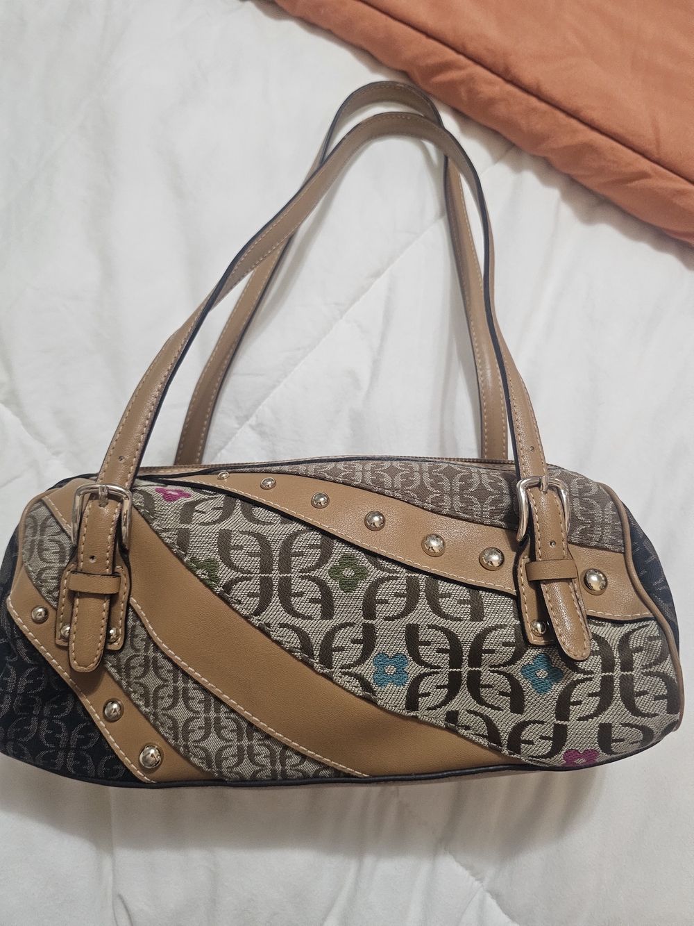 Fossil Taupe Patterned Shoulder Bag with Tan Trim and Multicolor Accents
